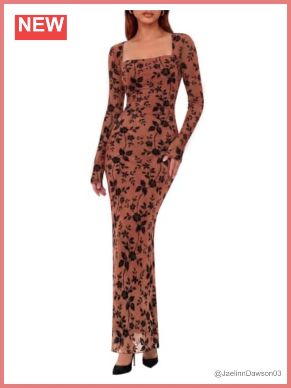 Women's Floral Long Sleeve Maxi Dress Square Neck Ruched Mesh